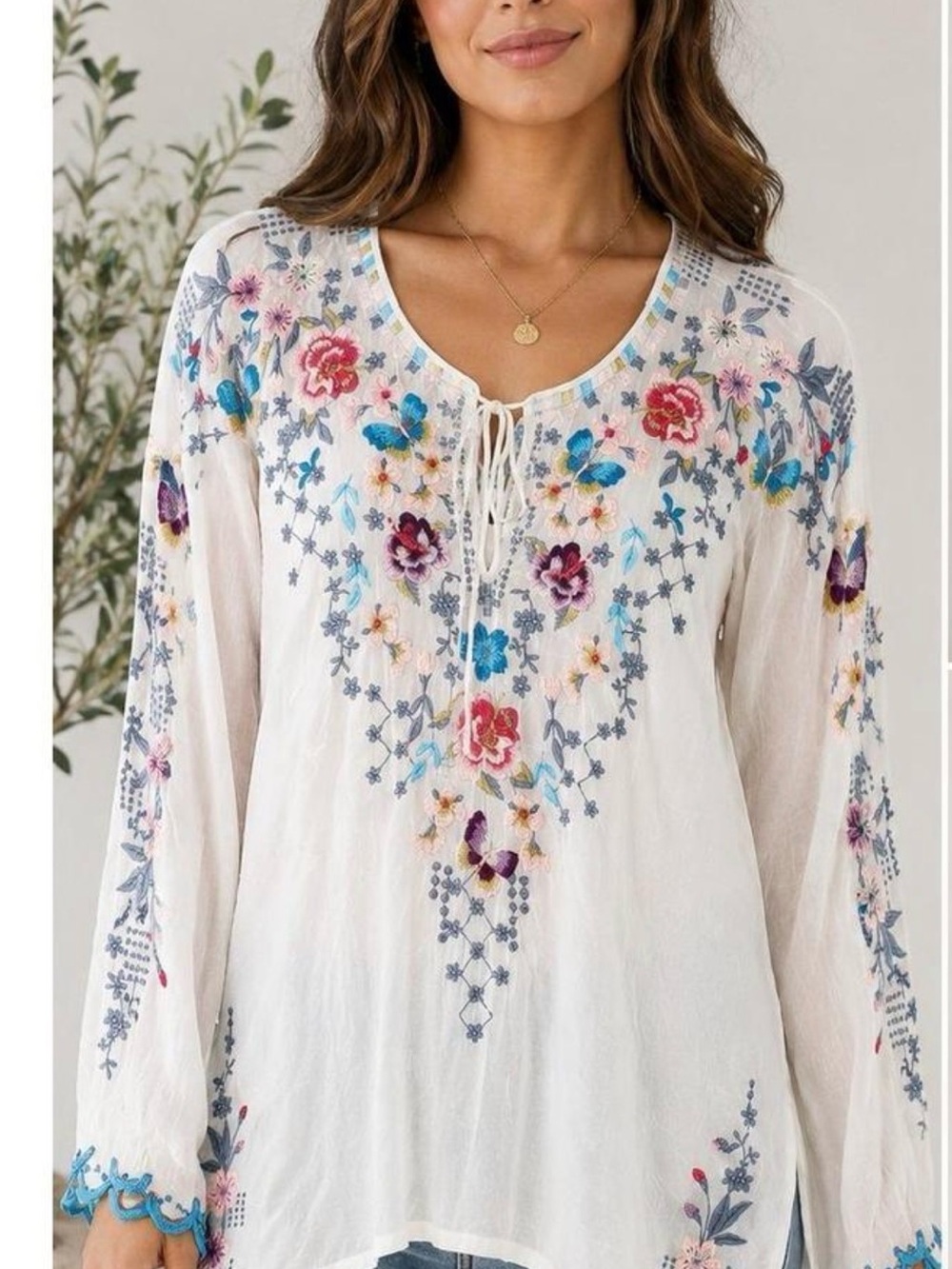 Johnny Was Butterfly Winter Embroidered Blouse White Boho Tunic size L